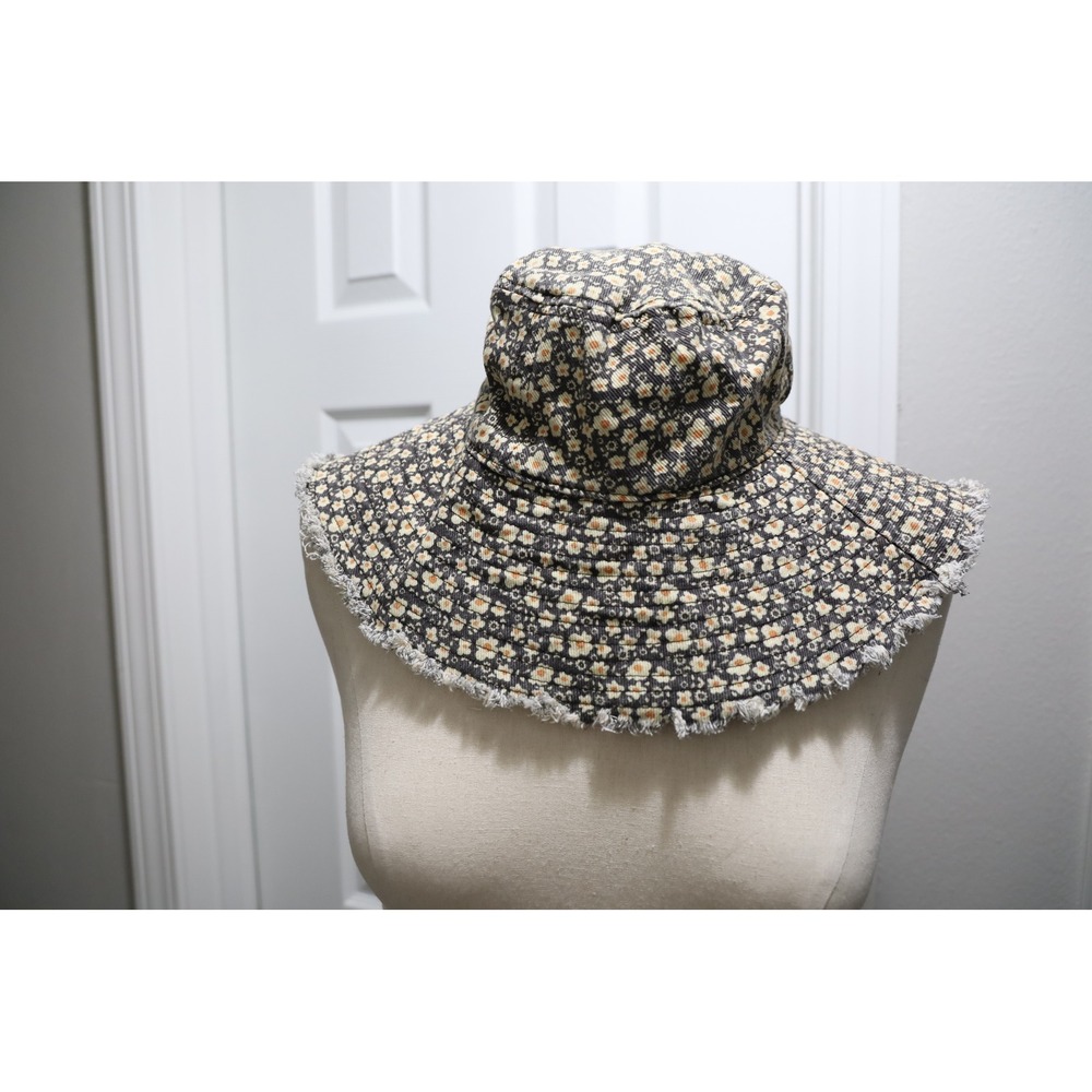 Natural Life Floral Wide Brim Bucket Hat Black Tan Frayed Edge Boho Sun Hat